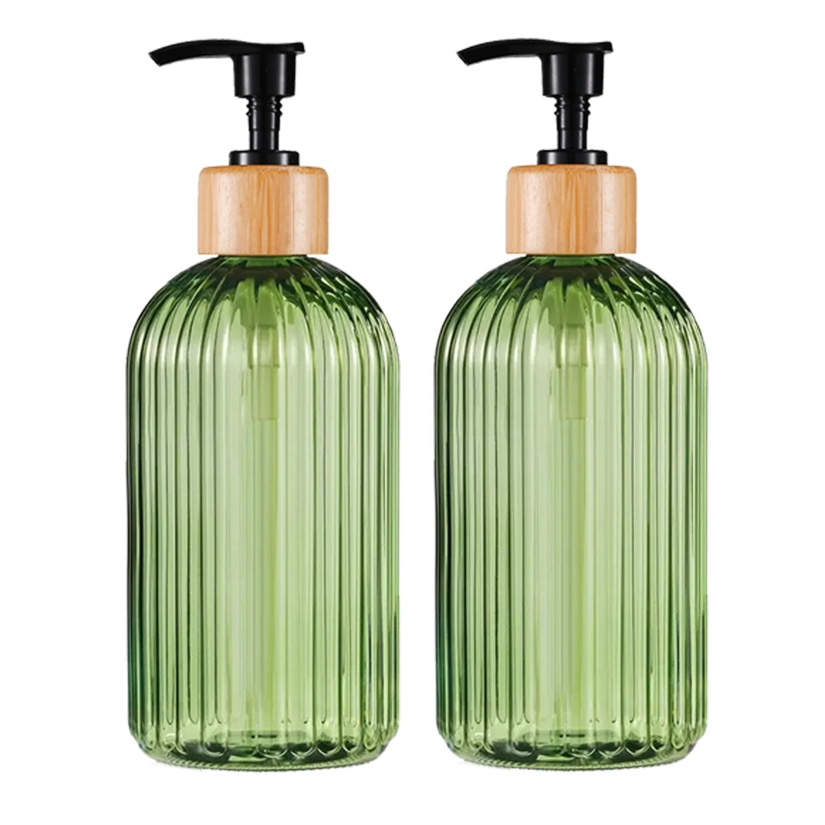 A pair of refillable soap dispensers with green glass bottles and wooden caps.
