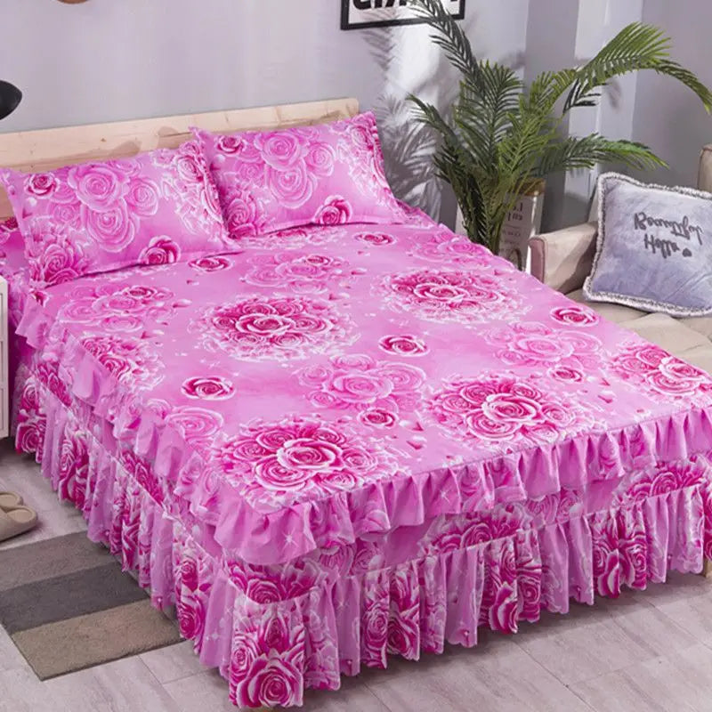 Elegant Elastic Fitted Bed Sheet Set with Lace Skirt and Pillowcases