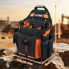 Black and orange heavy-duty tool pouch with an adjustable strap and belt clip resting on a rock.