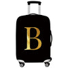 Black rolling luggage with a gold letter B print on the side.