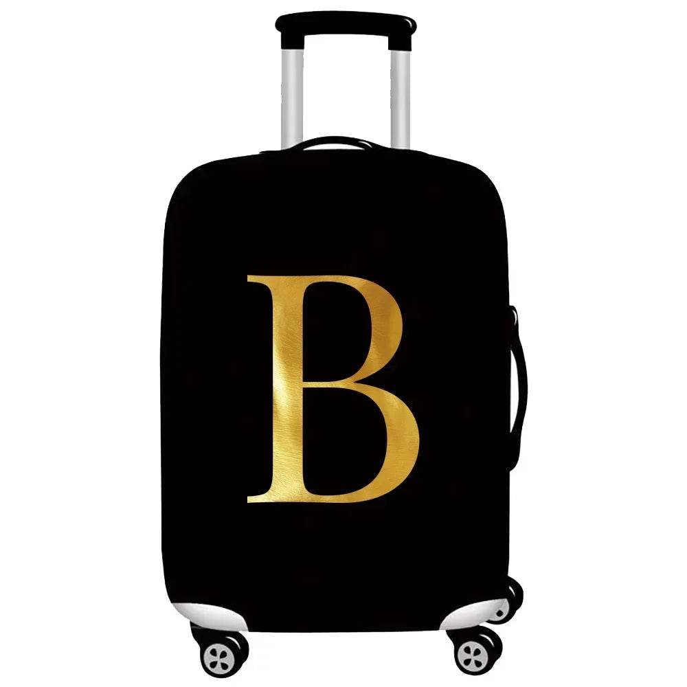 Black rolling luggage with a gold letter B print on the side.