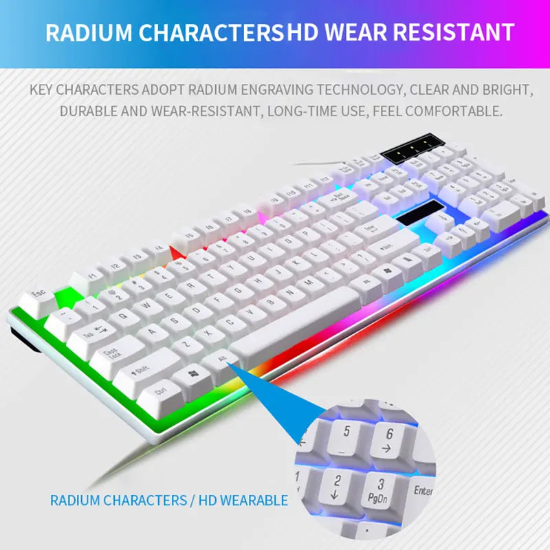 Combo de teclado y ratón blanco con iluminación RGB, con caracteres de radio para uso en dispositivos portátiles HD.