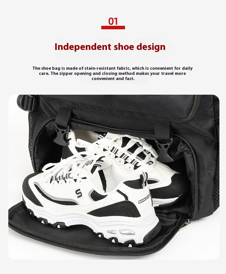 A black travel backpack with a dedicated shoe compartment showing a pair of white sneakers inside.