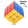 A magnetic speed cube in a 3x3 configuration with mirror finish, showing red, blue, and yellow faces.
