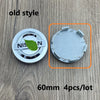 A set of four 60mm wheel center hub caps for Nissan models, shown with a close-up view of one cap.