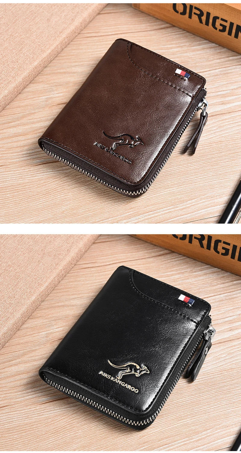 A dark brown leather wallet with a zipper closure and a silver embossed kangaroo design resting on a wooden surface.