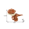 A small, brown plastic dinosaur toy resembling a Triceratops or Tyrannosaurus, shown with dimensions.