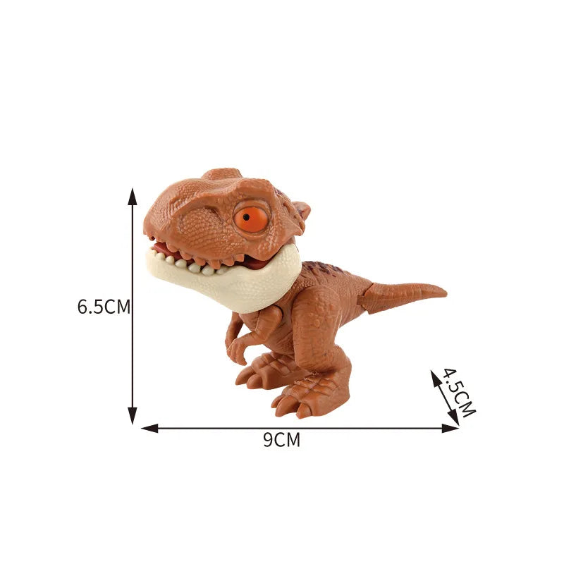 A small, brown plastic dinosaur toy resembling a Triceratops or Tyrannosaurus, shown with dimensions.