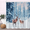 A winter forest scene featuring deer standing in a snowy landscape on a fabric shower curtain.