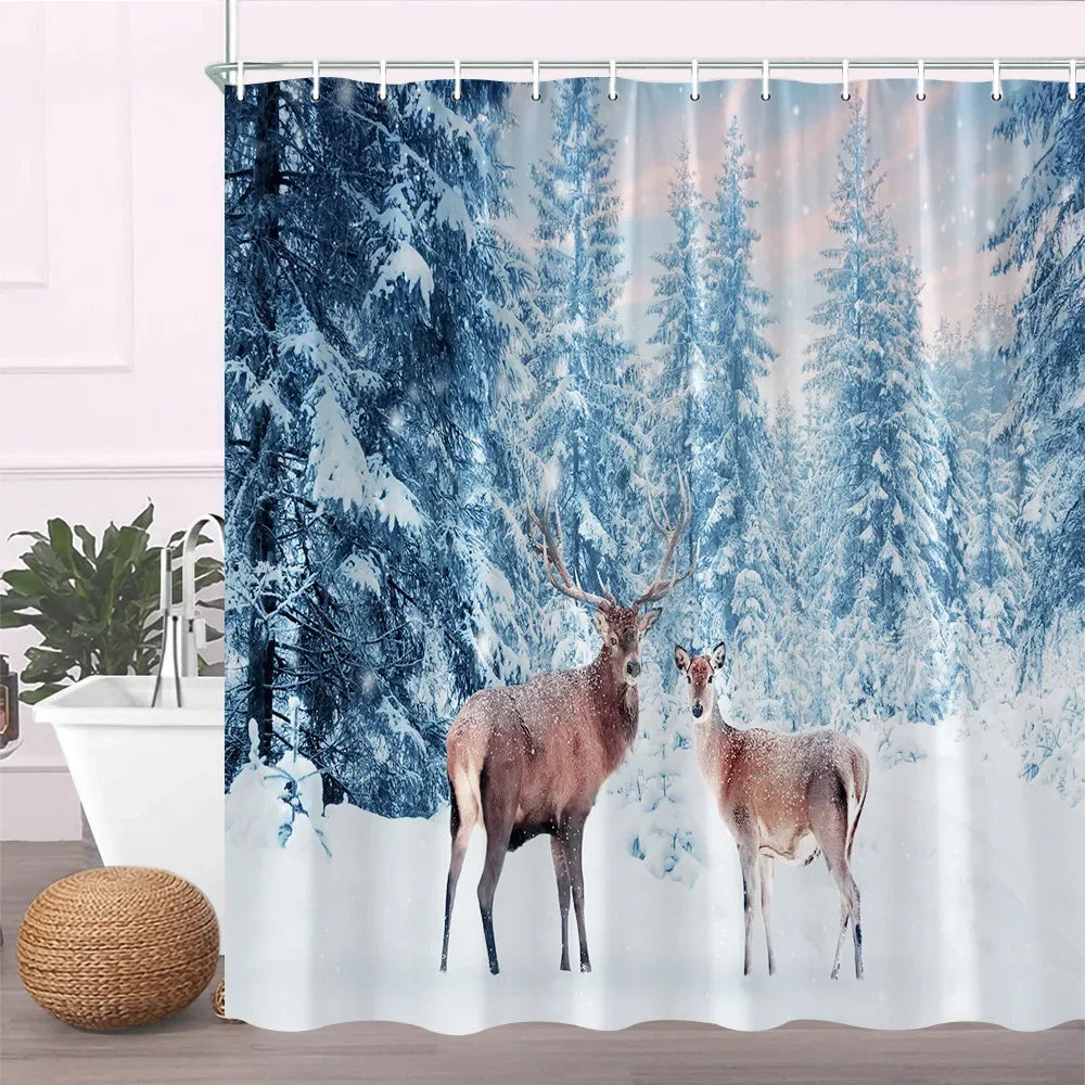 A winter forest scene featuring deer standing in a snowy landscape on a fabric shower curtain.