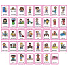 A set of flash cards showing various daily activities and vocabulary for children.