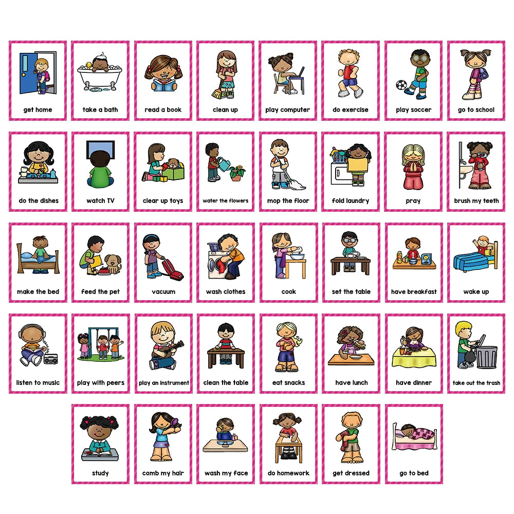 A set of flash cards showing various daily activities and vocabulary for children.