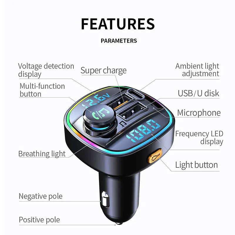 Bluetooth FM Transmitter with 22.5W Fast Charging Car Adapter