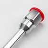Silver airless paint sprayer extension pole with a red cap and metallic body