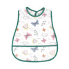 White baby feeding bib with pink and blue floral and cloud patterns and a green trim