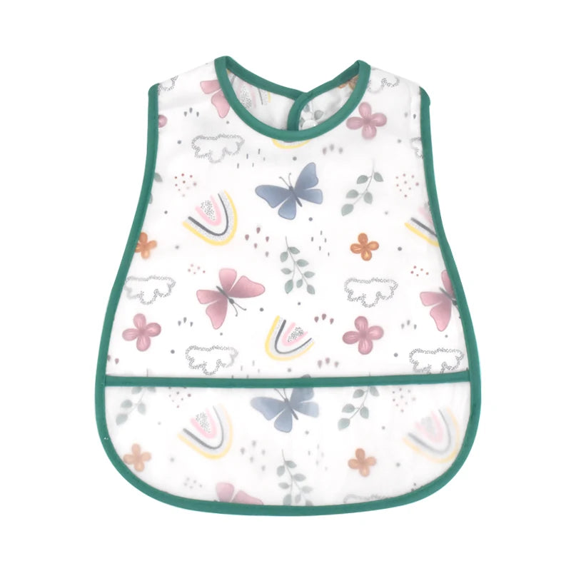 White baby feeding bib with pink and blue floral and cloud patterns and a green trim