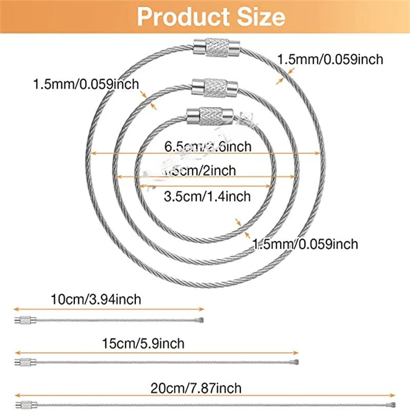 Diagram showing various sizes of stainless steel wire cables and a long wire, with corresponding measurements in millimeters 