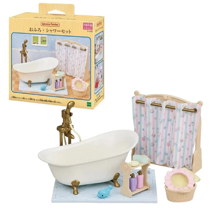 A Sylvanian Families bathroom set featuring a white bathtub, shower curtain, and accessories.