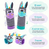 A set of soft teether booties for babies featuring bug friends with sight, touch, motor skill, and sound stimulation.