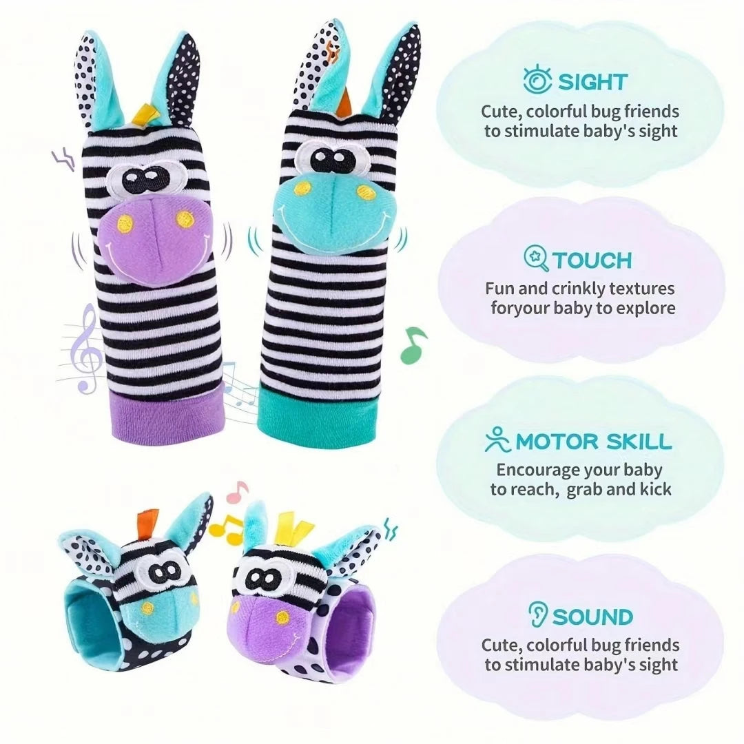 A set of soft teether booties for babies featuring bug friends with sight, touch, motor skill, and sound stimulation.