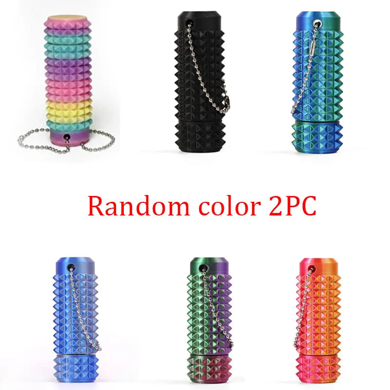 Two sets of mini spiky fidget keychains in various colors including purple, yellow, blue, and red.