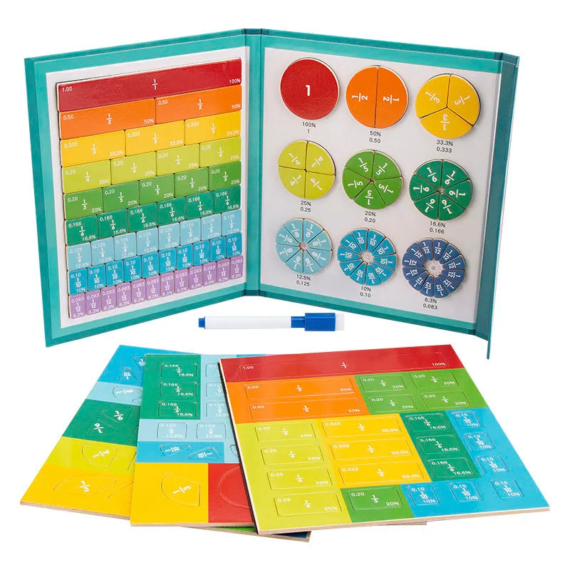 An open magnetic wooden fraction learning book showing various colored fraction pieces and corresponding numbers