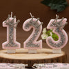 Three pink rhinestone crown number candles 1, 2, and 3 displayed on a wooden surface.