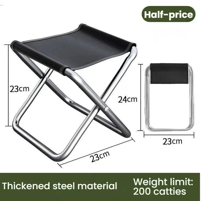 A silver metal folding stool with a black seat, shown in various dimensions and material details.