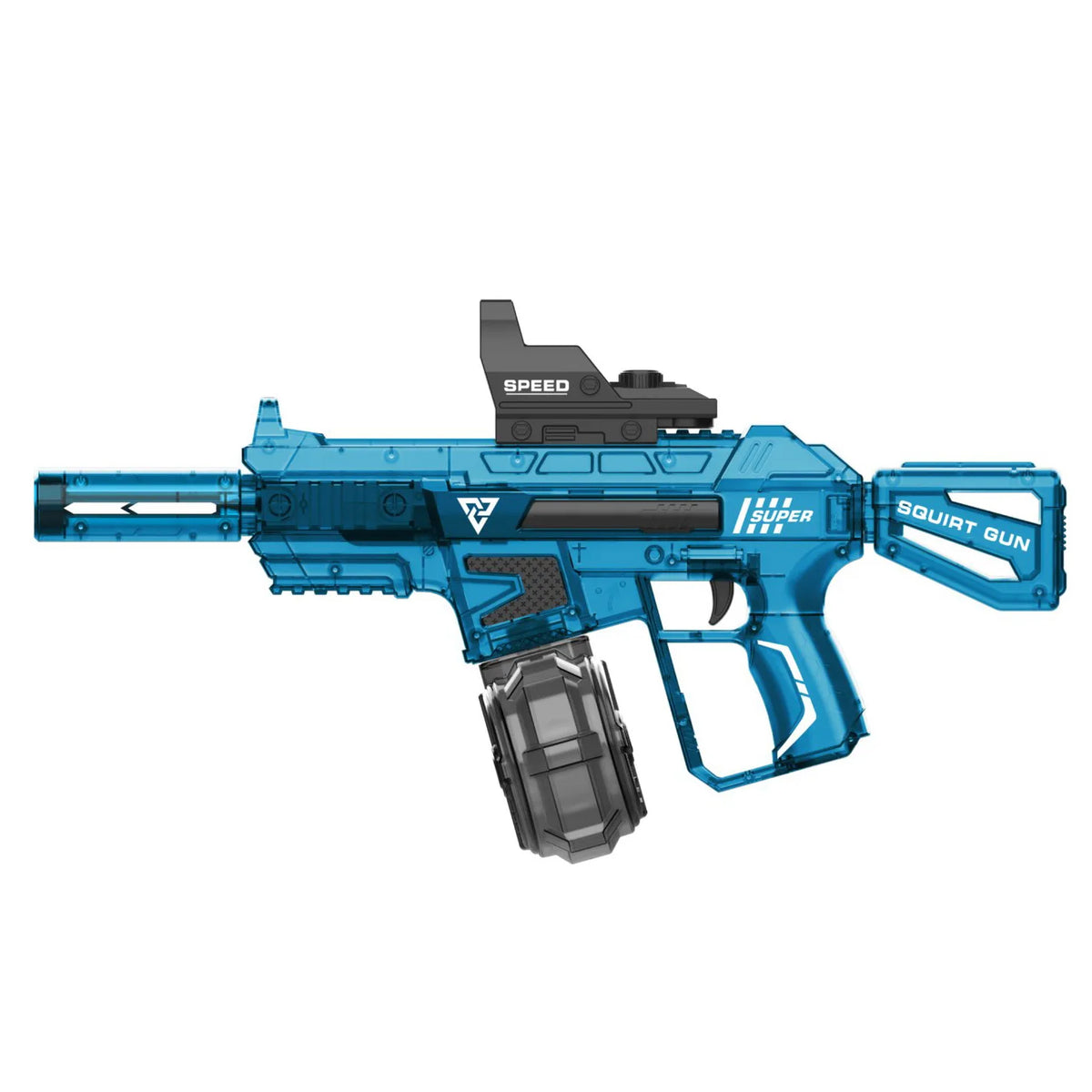 A blue electric water blaster rifle with a realistic muzzle flame effect.