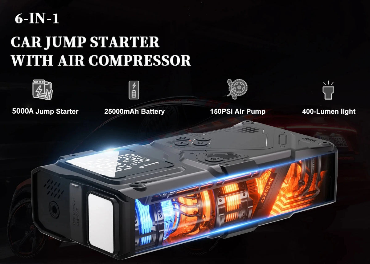 6-in-1 Portable Jump Starter with Air Compressor and LED Light