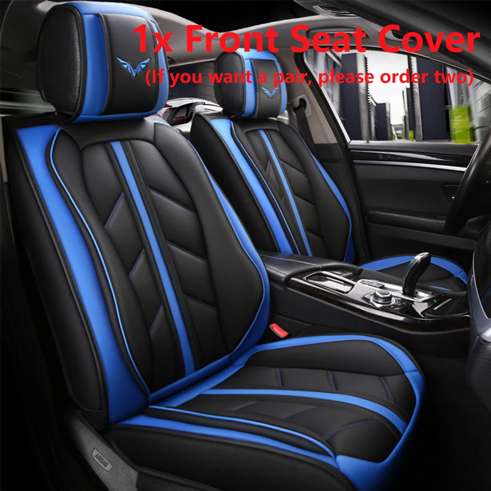 A black car seat with blue accents and a matching front seat cover displayed inside the vehicle.