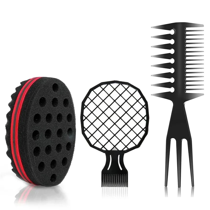 Black afro twist hair brush and sponge comb kit with a black mesh comb