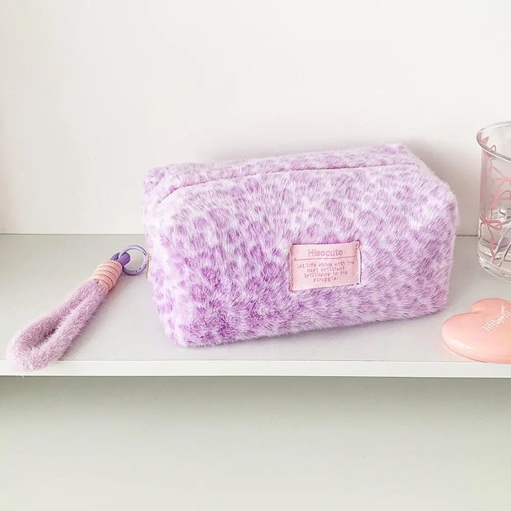 Leopard Print Plush Makeup Bag with Carry Handle