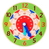 A wooden clock face with numbers and hands, featuring a blue arrow pointing to the number 2.