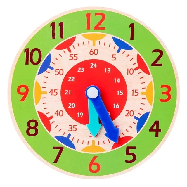 A wooden clock face with numbers and hands, featuring a blue arrow pointing to the number 2.