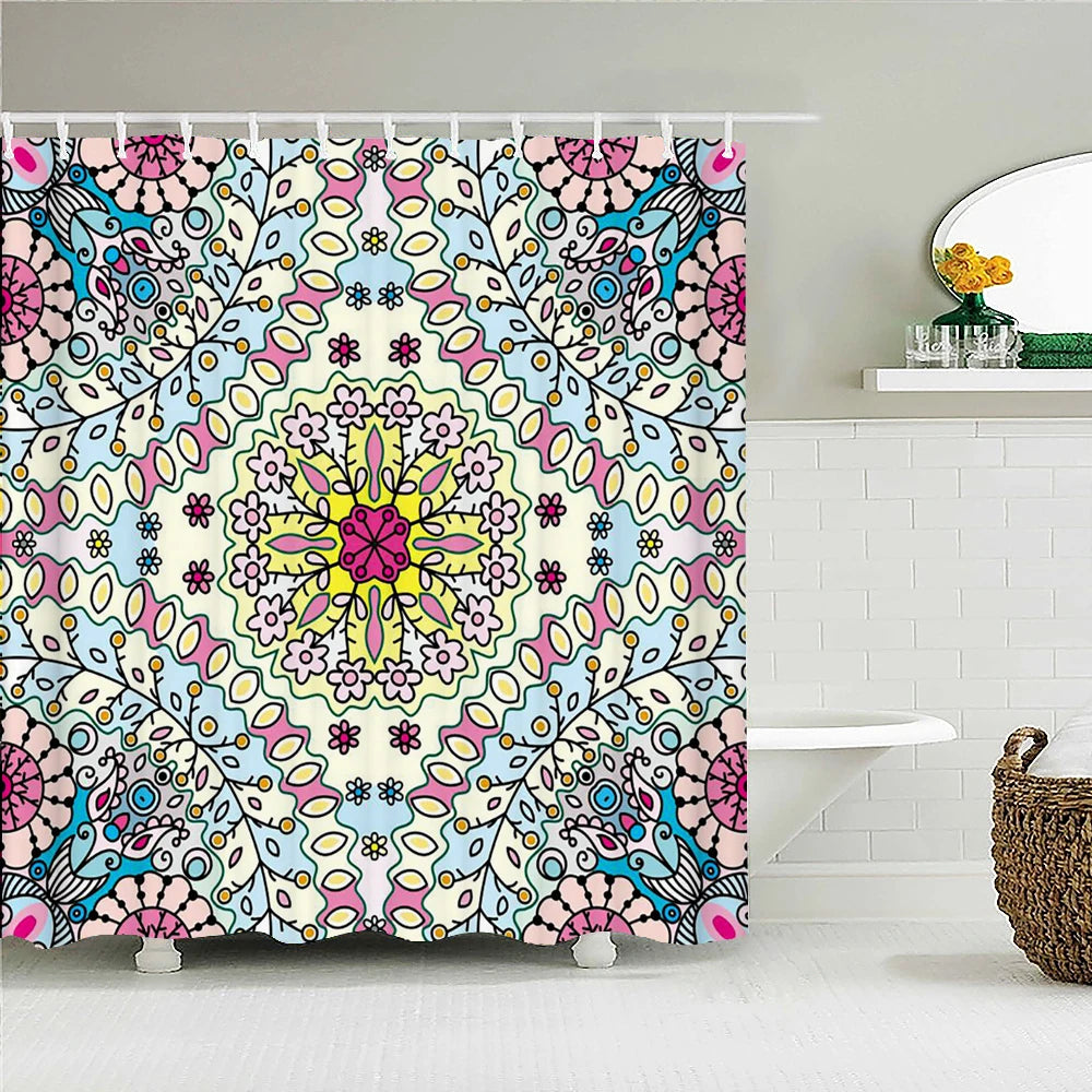 Mandala Boho Shower Curtain with Floral Print