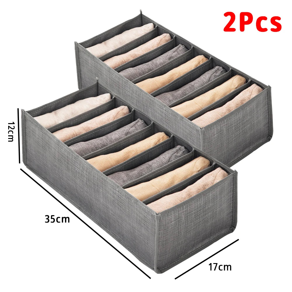 Two foldable fabric closet organizers showing gray and beige fabric storage with handles