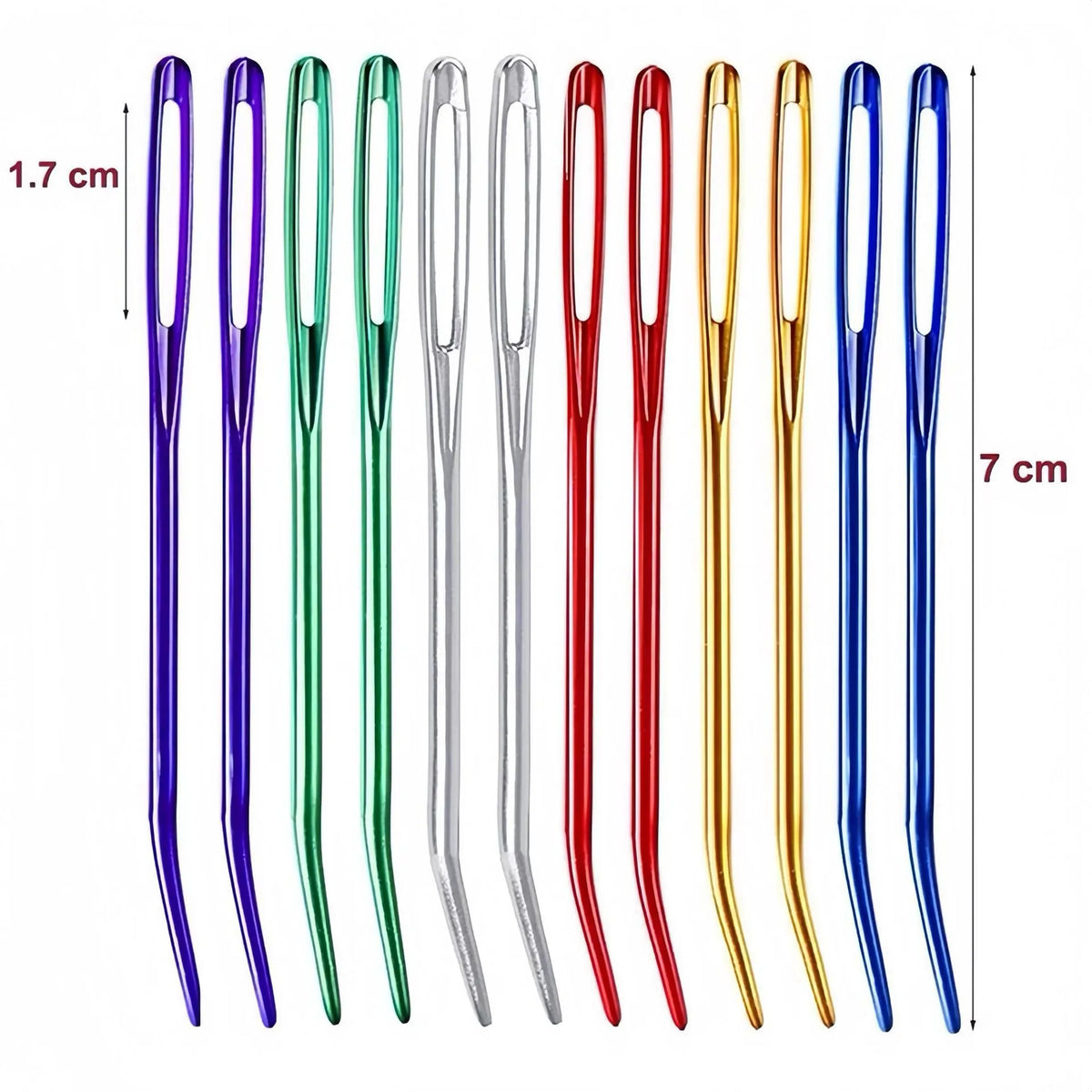 A collection of 20 large eye tapestry needles in various colors including purple, green, silver, red, gold, and blue.