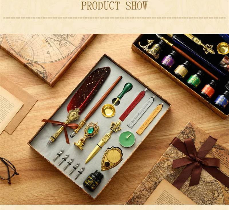 A display of a vintage calligraphy fountain pen set with various pens and a wax seal stamp kit arranged on a wooden surface.