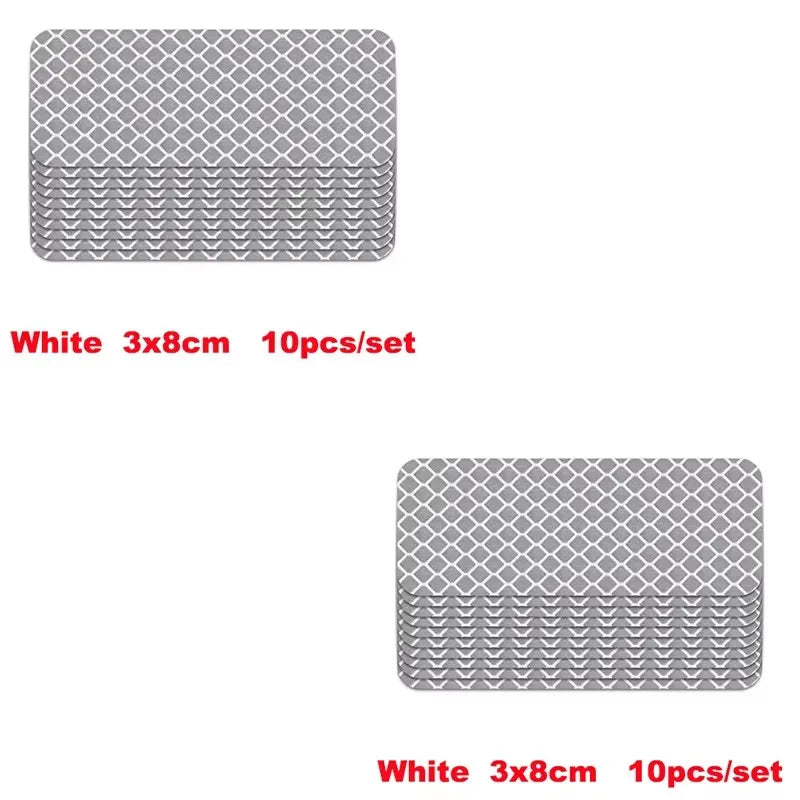 White 3x8cm high-visibility reflective strip stickers for car safety, sold in a set of 10 pieces.