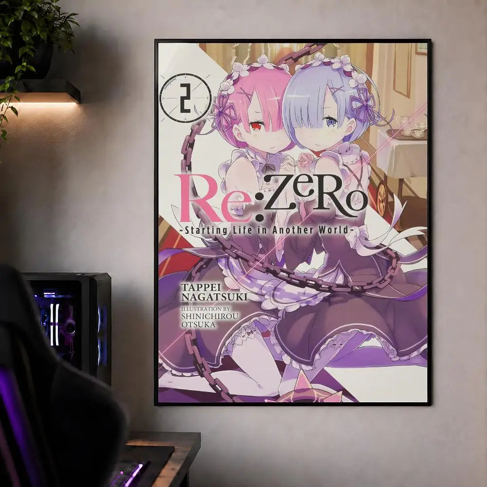 A vertical poster featuring two anime characters, Rem and Zero, in a fantasy style with pink and blue hair.