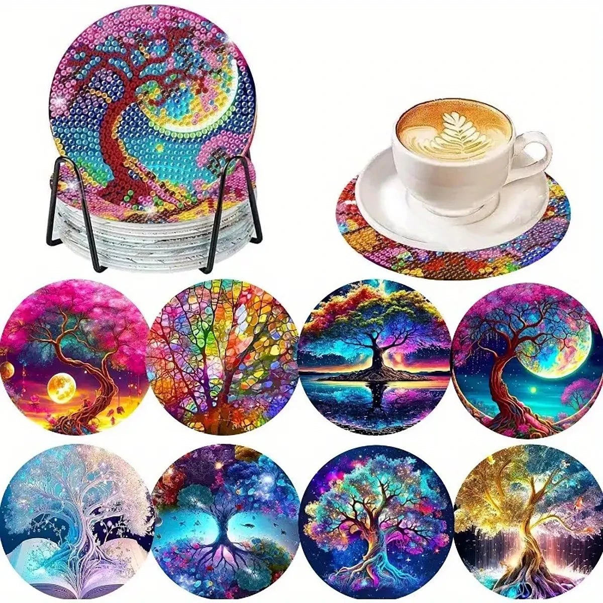 A set of sparkling diamond painting coasters featuring vibrant nature scenes and a decorative holder.