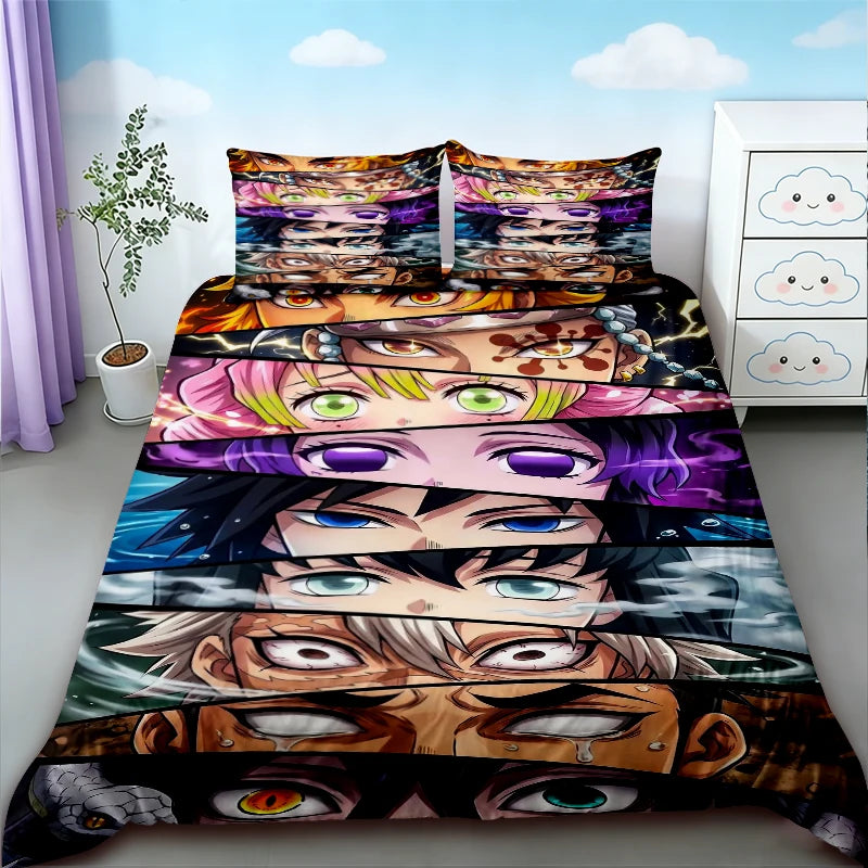 A set of Demon Slayer Nezuko duvet covers featuring various anime characters and themes.