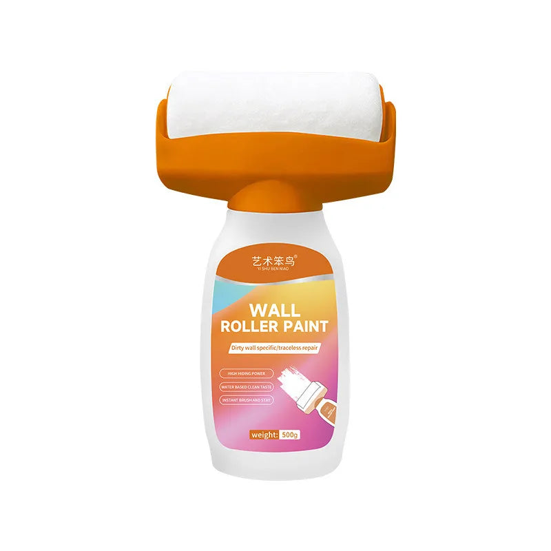 A white paint bottle with an orange handle and a white roller attached, used for wall repair paint.