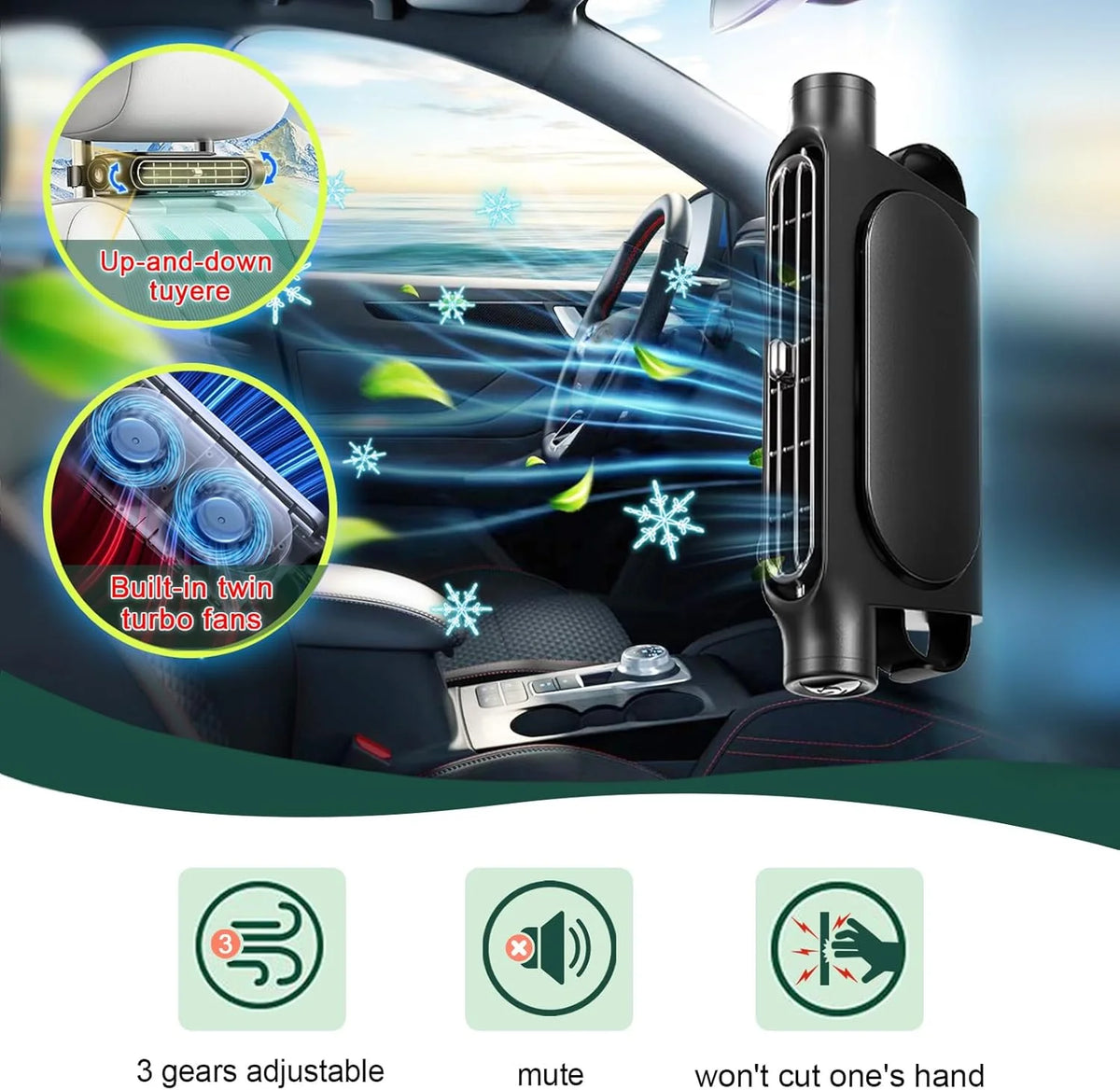 Portable car seat cooling fan with 3 speeds shown in a car interior context.
