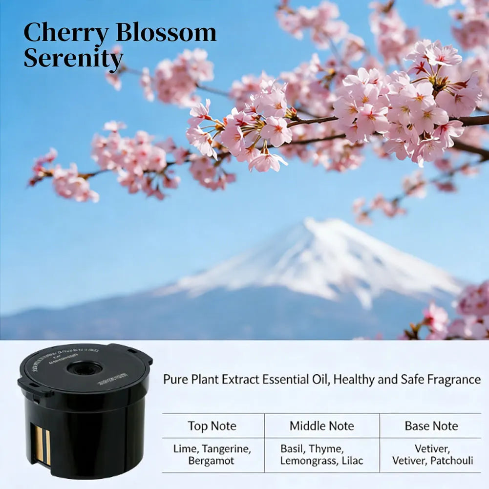 A black smart car diffuser is shown with a cherry blossom background and Mount Fuji.