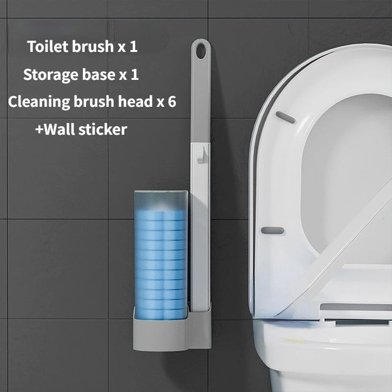 A set of disposable toilet brushes, including a brush, storage base, cleaning brush heads, and a wall sticker, displayed next