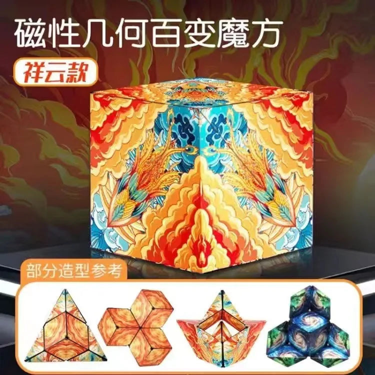 A set of magnetic geometry cubes and puzzles in various colors and shapes for building 3D structures.