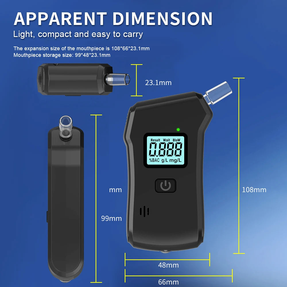 A black portable digital breathalyzer device shown with its components and dimensions.