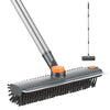A gray scrub brush with a long handle, squeegee, and bristles is shown horizontally.